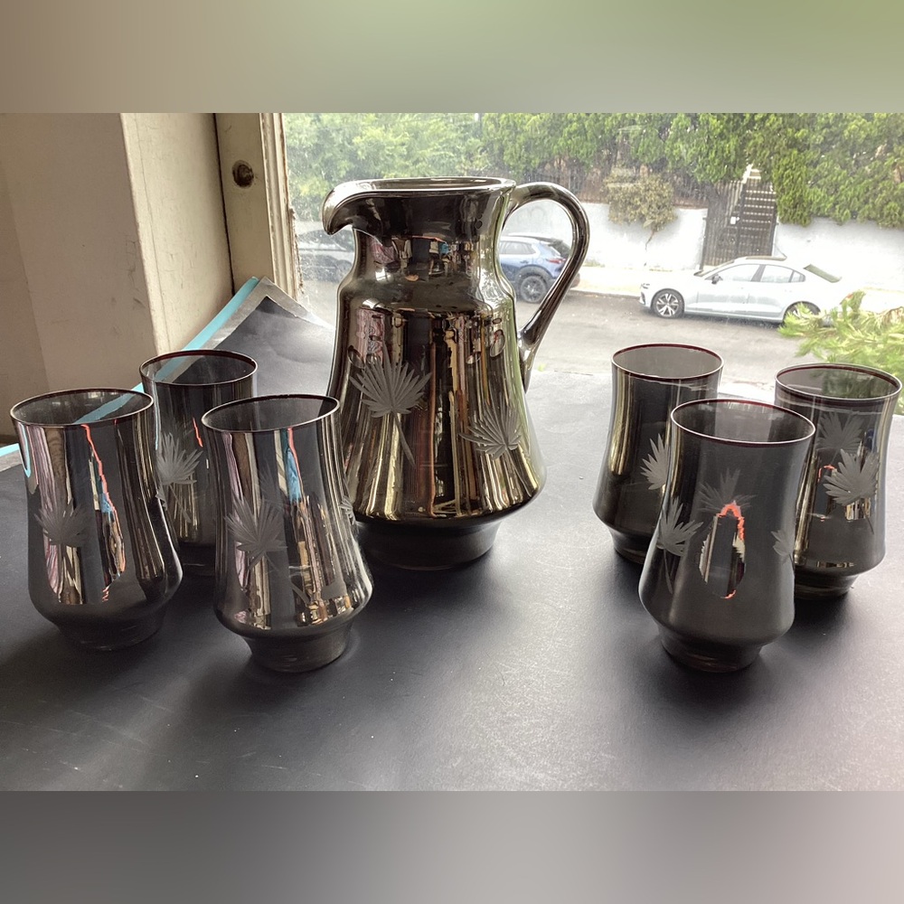Vintage pitcher and glasses silver leaf set
